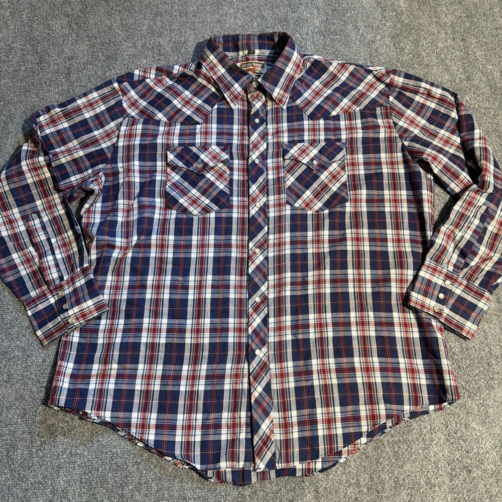 Vtg Youngbloods Western Shirt Mens Extra Large XL Blue Plaid Pearl Snap